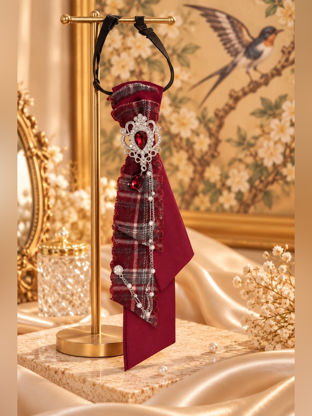 Burgundy Plaid Crystal Bow Neck Tie Statement Collar Accessory Fifi Closet